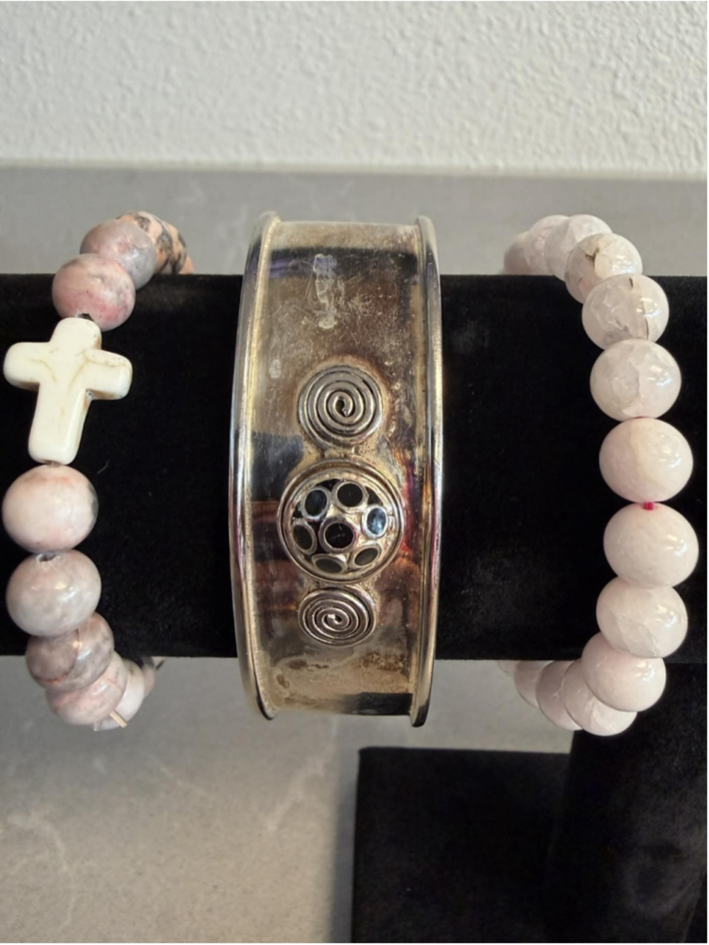 Boho Bracelet Lot of 3 Silver Tone Cuff Pink Stone Beads Cross Bracelet Set